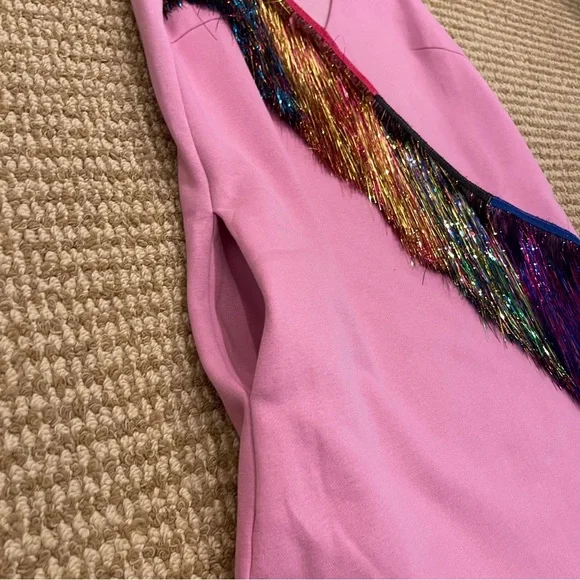 Queen of Sparkles Diagonal Metallic Pink Fringe Dress Small - Picture 9 of 13
